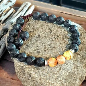 Handcrafted Chakra Bracelet Yellow Aqua Terra Jasper Black Lava